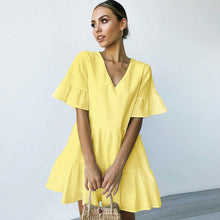 Load image into Gallery viewer, FANCYINN Women’s Cute Shift Dress with Pockets Bell Sleeve Ruffle Hem V Neck Loose Swing Tunic Mini Dress
