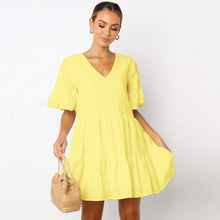Load image into Gallery viewer, FANCYINN Women’s Cute Shift Dress with Pockets Bell Sleeve Ruffle Hem V Neck Loose Swing Tunic Mini Dress
