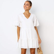 Load image into Gallery viewer, FANCYINN Women’s Cute Shift Dress with Pockets Bell Sleeve Ruffle Hem V Neck Loose Swing Tunic Mini Dress
