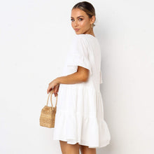 Load image into Gallery viewer, FANCYINN Women’s Cute Shift Dress with Pockets Bell Sleeve Ruffle Hem V Neck Loose Swing Tunic Mini Dress
