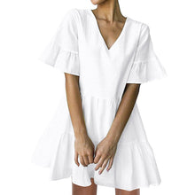 Load image into Gallery viewer, FANCYINN Women’s Cute Shift Dress with Pockets Bell Sleeve Ruffle Hem V Neck Loose Swing Tunic Mini Dress
