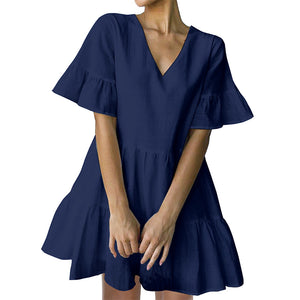 FANCYINN Women’s Cute Shift Dress with Pockets Bell Sleeve Ruffle Hem V Neck Loose Swing Tunic Mini Dress