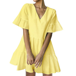 FANCYINN Women’s Cute Shift Dress with Pockets Bell Sleeve Ruffle Hem V Neck Loose Swing Tunic Mini Dress