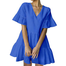Load image into Gallery viewer, FANCYINN Women’s Cute Shift Dress with Pockets Bell Sleeve Ruffle Hem V Neck Loose Swing Tunic Mini Dress
