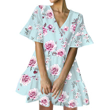 Load image into Gallery viewer, FANCYINN Women’s Cute Shift Dress with Pockets Bell Sleeve Ruffle Hem V Neck Loose Swing Tunic Mini Dress

