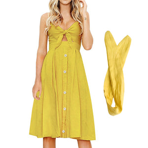 Womens Dresses Summer Tie Front Spaghetti Strap A-Line Backless Swing Midi Dress