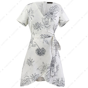 Women's Deep V Neck Short Sleeve Floral Prints Crossover Belted Midi Wrap Dress