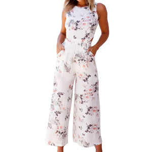 Womens Floral Prints Bow Tie Back Sleeveless High Waist Jumpsuit Romper Wide Leg