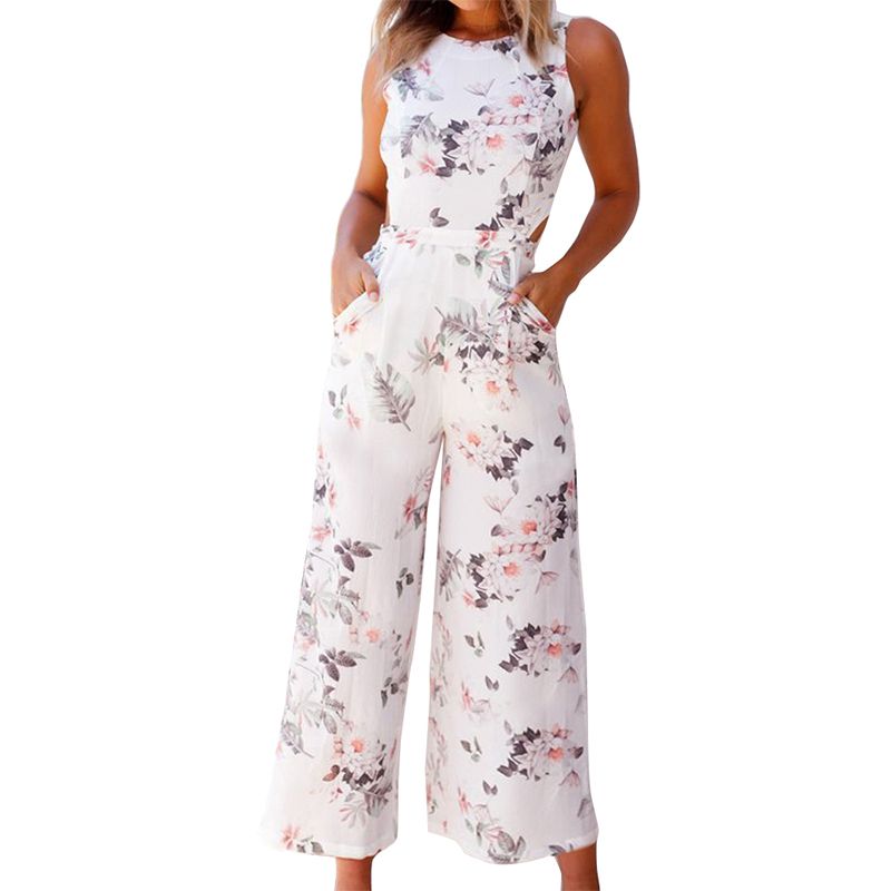 Womens Floral Prints Bow Tie Back Sleeveless High Waist Jumpsuit Romper Wide Leg