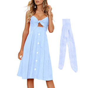 Womens Dresses Summer Tie Front Spaghetti Strap A-Line Backless Swing Midi Dress