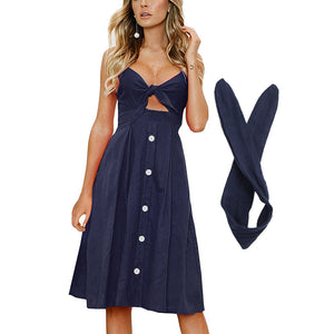 Womens Dresses Summer Tie Front Spaghetti Strap A-Line Backless Swing Midi Dress