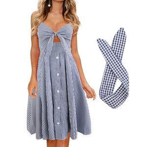 Womens Dresses Summer Tie Front Spaghetti Strap A-Line Backless Swing Midi Dress