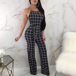 Sexy Women's Spaghetti Strap Plaid Backless Wide Leg Jumpsuit Overalls with Belt