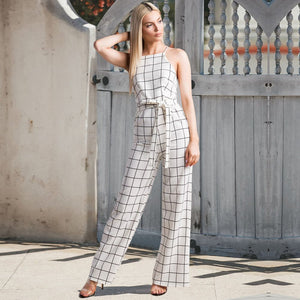 Sexy Women's Spaghetti Strap Plaid Backless Wide Leg Jumpsuit Overalls with Belt