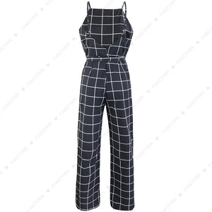 Sexy Women's Spaghetti Strap Plaid Backless Wide Leg Jumpsuit Overalls with Belt