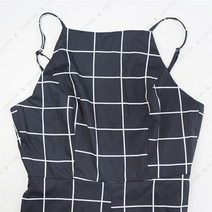 Sexy Women's Spaghetti Strap Plaid Backless Wide Leg Jumpsuit Overalls with Belt