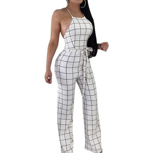 Sexy Women's Spaghetti Strap Plaid Backless Wide Leg Jumpsuit Overalls with Belt
