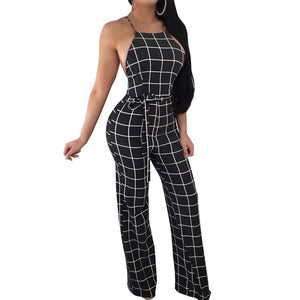 Sexy Women's Spaghetti Strap Plaid Backless Wide Leg Jumpsuit Overalls with Belt