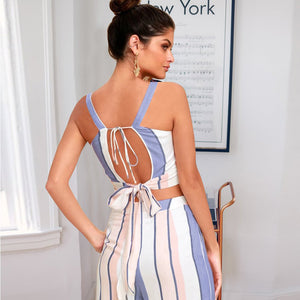 Women 2 Piece Striped Outfits Tie Back Crop Cami Top Wide Leg Pants 2 Pcs Set