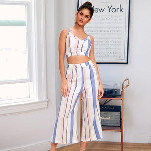 Women 2 Piece Striped Outfits Tie Back Crop Cami Top Wide Leg Pants 2 Pcs Set