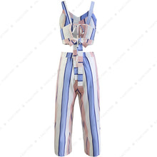 Load image into Gallery viewer, Women 2 Piece Striped Outfits Tie Back Crop Cami Top Wide Leg Pants 2 Pcs Set
