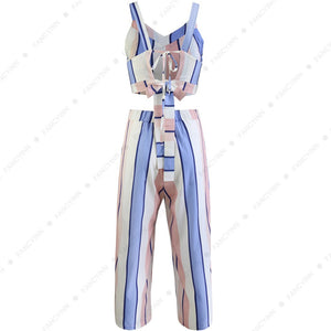 Women 2 Piece Striped Outfits Tie Back Crop Cami Top Wide Leg Pants 2 Pcs Set