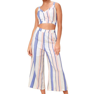 Women 2 Piece Striped Outfits Tie Back Crop Cami Top Wide Leg Pants 2 Pcs Set