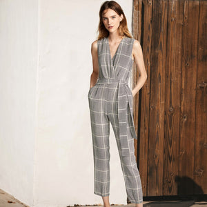 Women's Cross V Neck Sleeveless Plaid Wrap Long Jumpsuit Rompers With Pockets