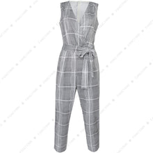 Load image into Gallery viewer, Women&#39;s Cross V Neck Sleeveless Plaid Wrap Long Jumpsuit Rompers With Pockets
