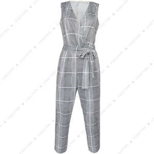 Women's Cross V Neck Sleeveless Plaid Wrap Long Jumpsuit Rompers With Pockets