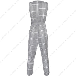 Women's Cross V Neck Sleeveless Plaid Wrap Long Jumpsuit Rompers With Pockets