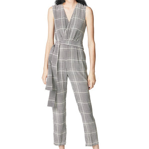 Women's Cross V Neck Sleeveless Plaid Wrap Long Jumpsuit Rompers With Pockets