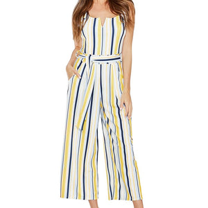 Women Multi Stripe Jumpsuit Belted High Waist Jumpsuits Wide Leg Romper Overalls