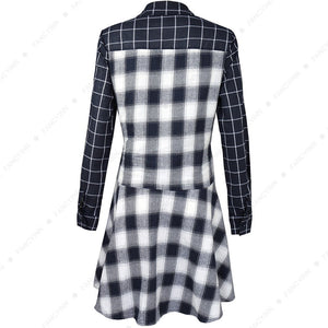 Women Classic Plaid Shirt Dress Long Sleeve Button Down Checkered Dresses Pocket