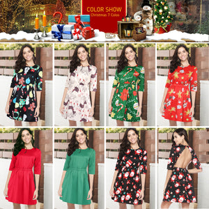 Women Girl Half Sleeve Christmas Santa Claus Prints Backless Flared A Line Dress