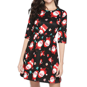 Women Girl Half Sleeve Christmas Santa Claus Prints Backless Flared A Line Dress