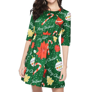 Women Girl Half Sleeve Christmas Santa Claus Prints Backless Flared A Line Dress