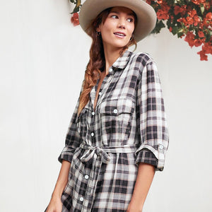 Women Plaid Checkered Roll Up Long Sleeve Tops Casual Midi Shirt Dress with Belt