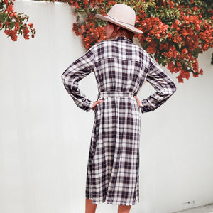 Women Plaid Checkered Roll Up Long Sleeve Tops Casual Midi Shirt Dress with Belt