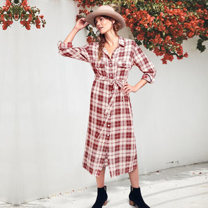 Women Plaid Checkered Roll Up Long Sleeve Tops Casual Midi Shirt Dress with Belt