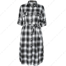 Load image into Gallery viewer, Women Plaid Checkered Roll Up Long Sleeve Tops Casual Midi Shirt Dress with Belt
