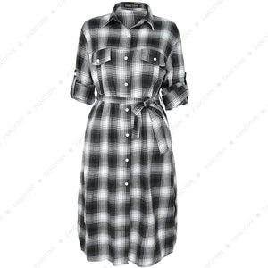 Women Plaid Checkered Roll Up Long Sleeve Tops Casual Midi Shirt Dress with Belt