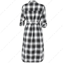 Load image into Gallery viewer, Women Plaid Checkered Roll Up Long Sleeve Tops Casual Midi Shirt Dress with Belt
