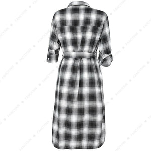 Women Plaid Checkered Roll Up Long Sleeve Tops Casual Midi Shirt Dress with Belt