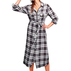 Women Plaid Checkered Roll Up Long Sleeve Tops Casual Midi Shirt Dress with Belt