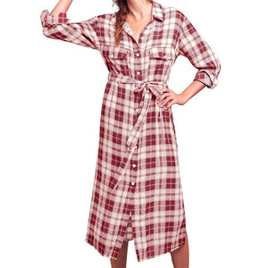 Women Plaid Checkered Roll Up Long Sleeve Tops Casual Midi Shirt Dress with Belt