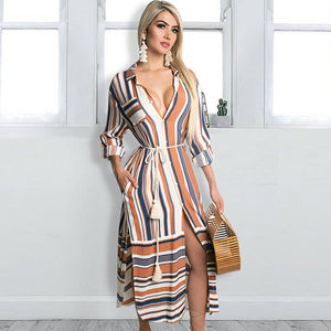 Womens Button Down Roll up Sleeve Stripes Patchwork Split Midi Dress with Pocket