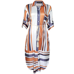 Womens Button Down Roll up Sleeve Stripes Patchwork Split Midi Dress with Pocket