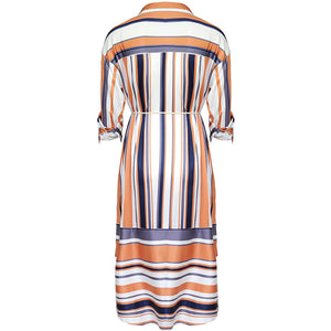 Womens Button Down Roll up Sleeve Stripes Patchwork Split Midi Dress with Pocket