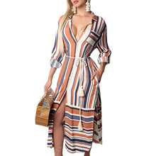 Load image into Gallery viewer, Womens Button Down Roll up Sleeve Stripes Patchwork Split Midi Dress with Pocket
